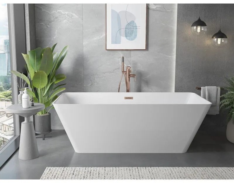 Mexen Velo Slim, voľne stojaca vaňa 170 × 75 cm, biela lesklá, medený prepad, 52811707500-65