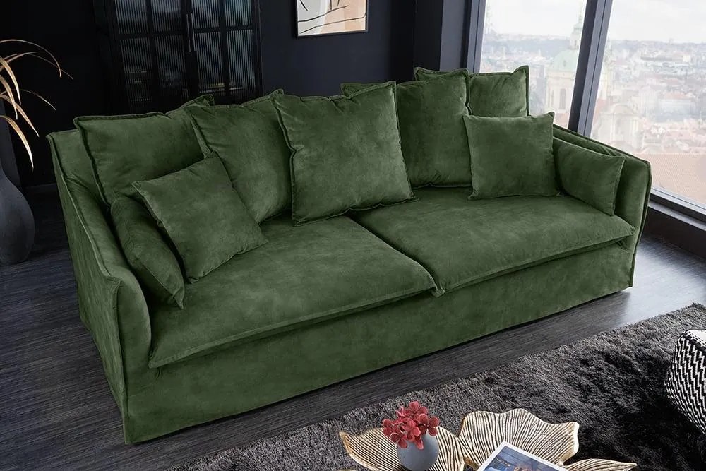 Invicta Interior - Pohovka 3-miestna HEAVEN 210 cm, zamat, odnímateľný poťah, tmavo zelená