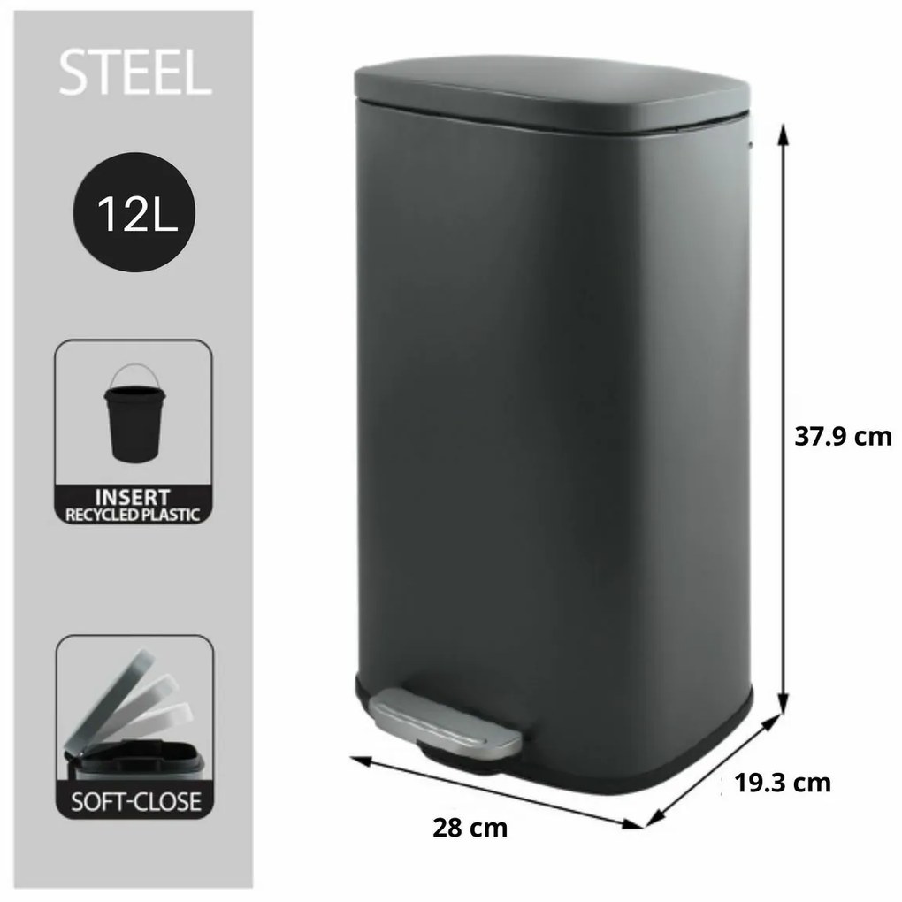 Spirella Pedálový odpadkový kôš soft-close Akira 12 l, matná sivá, 12 l