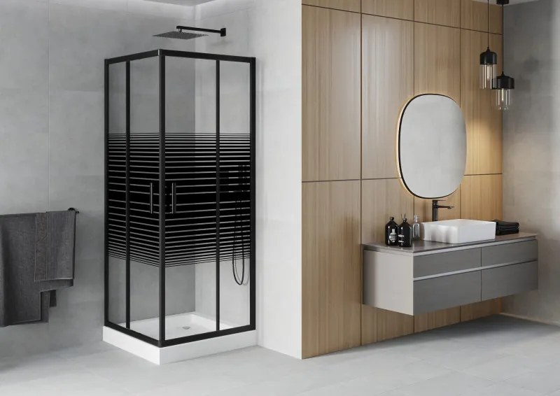 Mexen Rio, štvorcový sprchovací kút s posuvnými dverami 80(dvere) x 80(dvere) x 190 cm, 6mm číre sklo s pásikmi, čierny profil + biela sprchová vanička RIO, 860-080-080-70-20-4510