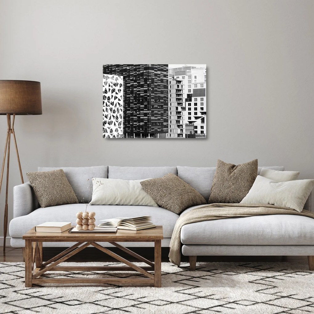 Sklenený obraz čiernobiele architektúry (70x50 cm)