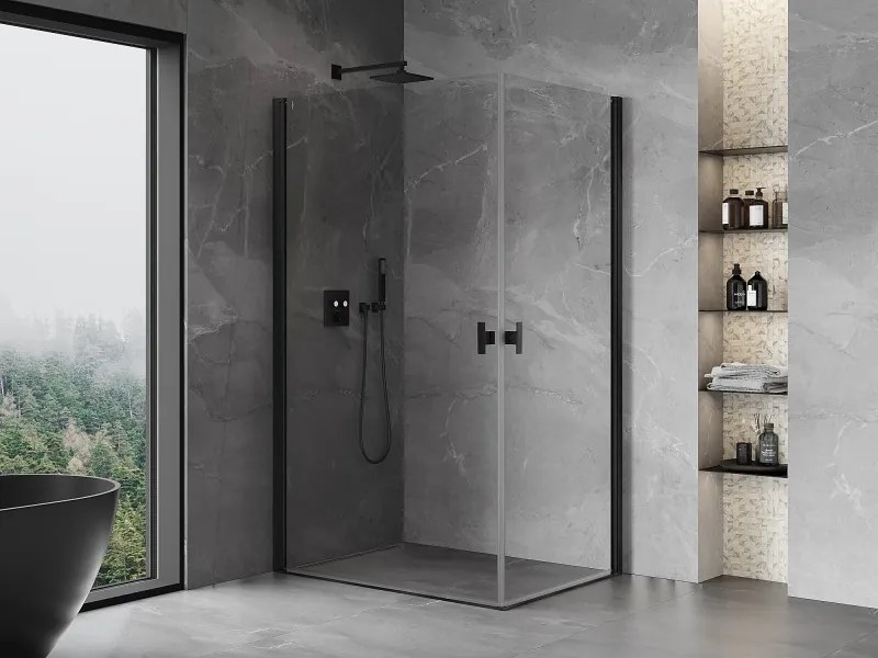 Mexen Mist-B Duo, 2-krídlový výklopný sprchový kút 85 x 75 cm, číre sklo, čierny profil, 8A2-085-075-70-00