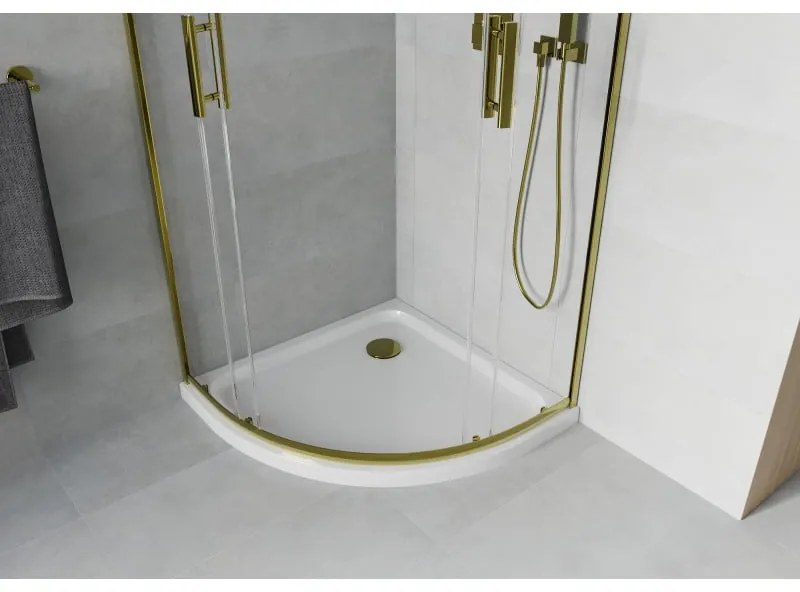 Mexen Rio, štvrťkruhový sprchovací kút s posuvnými dverami 90(dvere) x 90(dvere) x 190 cm, 6mm číre sklo, zlatý profil + biela sprchová vanička SLIM, 863-090-090-50-00-4110G