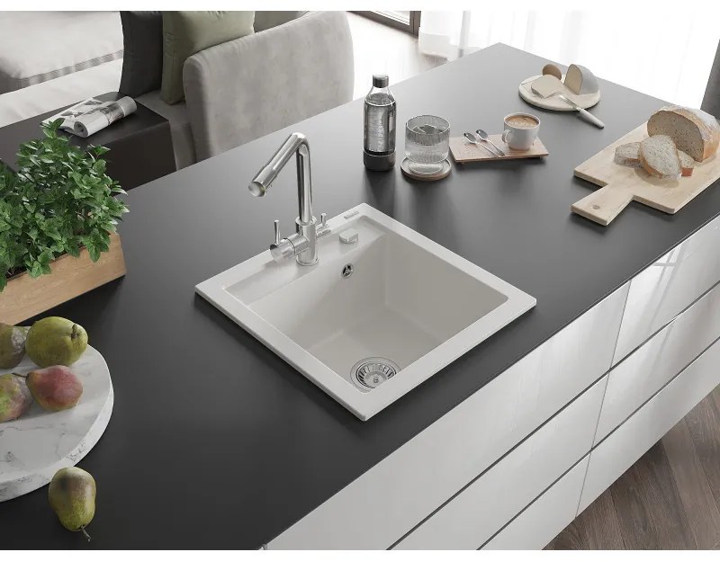 Mexen Vito, 1-komorový granitový drez 520x490x210 mm, chrómová batéria Duero, biela, 6503-20-671600-00