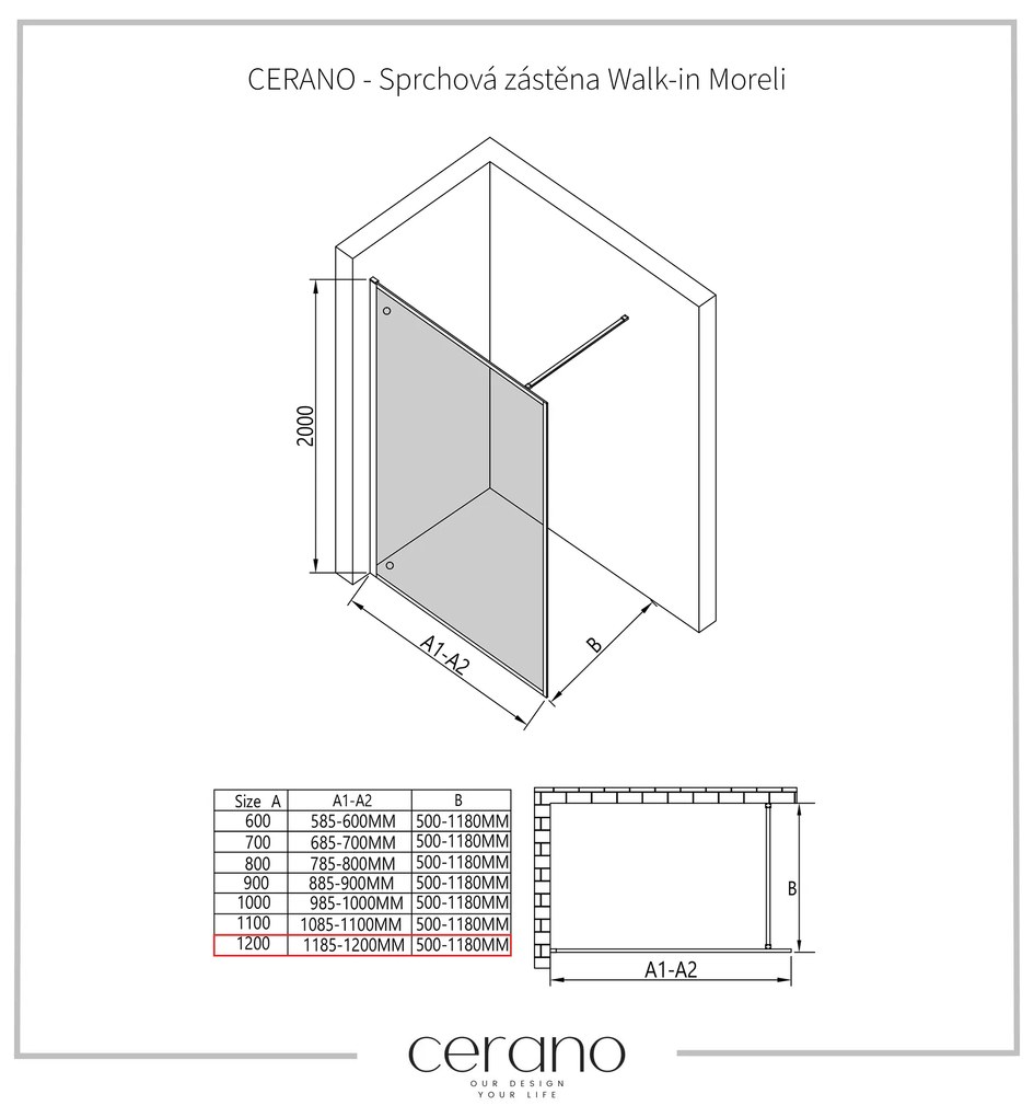 Cerano Moreli, sprchová zástena 120x200 cm, 8mm číre sklo, čierny profil, CER-CER-417620