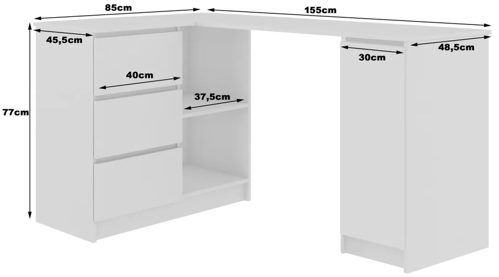 Rohový písací stôl B20 155 bílý lesk levý