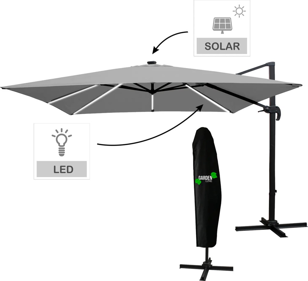 Garden Line 3 x 3 m sivý záhradný slnečník „ROMA“ s LED krytom
