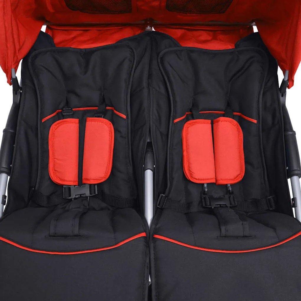 Oceľový kočík pre dvojičky, červeno-čierny