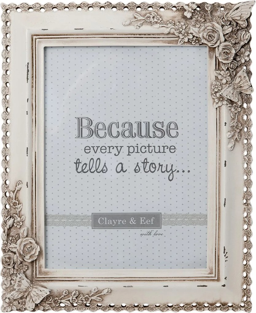 Krémový fotorámček s kvetinami a motýliky - 22*2*27 cm / 15*20 cm