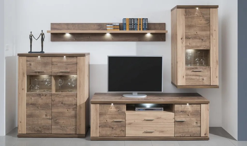 Obývacia stena Grande, dub artisan / dub Ribbeck, s osvetlením