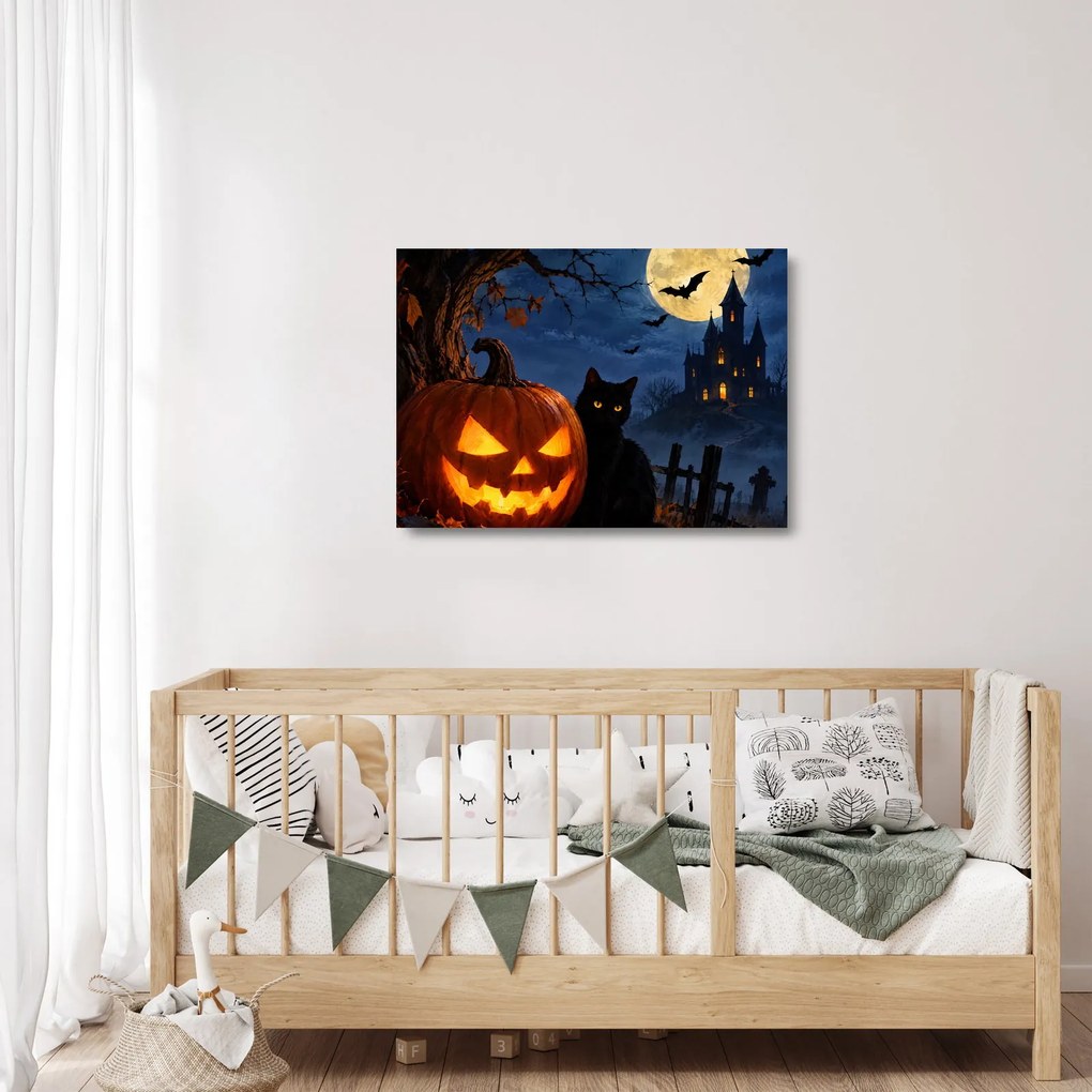 Sklenený obraz - Čierna mačka pri svietiacej tekvici na Halloween (70x50 cm)