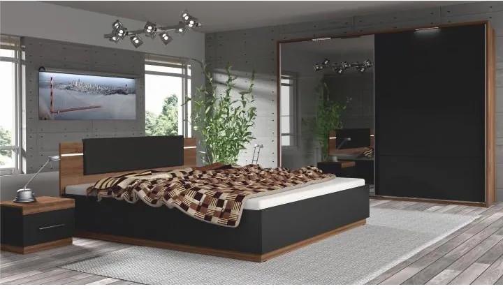 Spálňový komplet (skriňa+posteľ+2x nočný stolík), orech/čierna, DEGAS