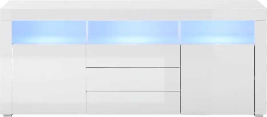 Široká TV skrinka Leeds, biela lesk, s osvetlením
