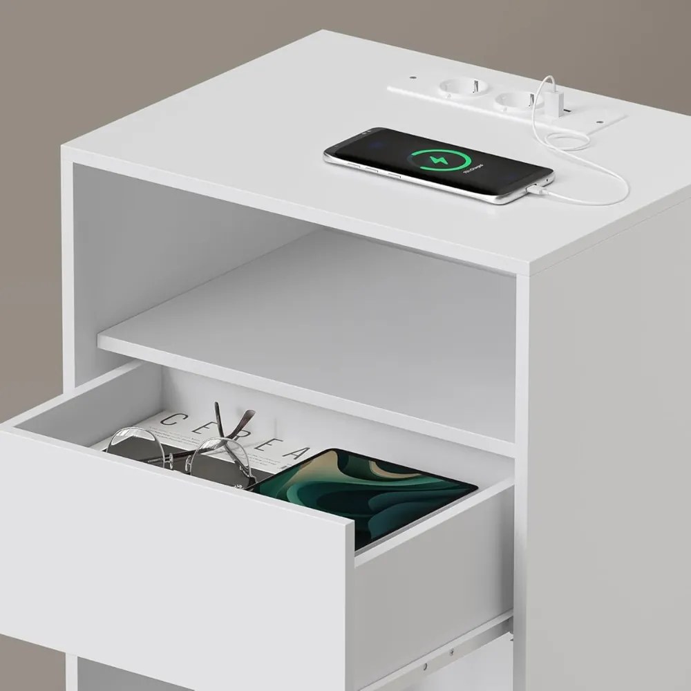 Nočný stolík s funkciou nabíjania LUCIANO, 35x45x58,3cm, biela Vasagle