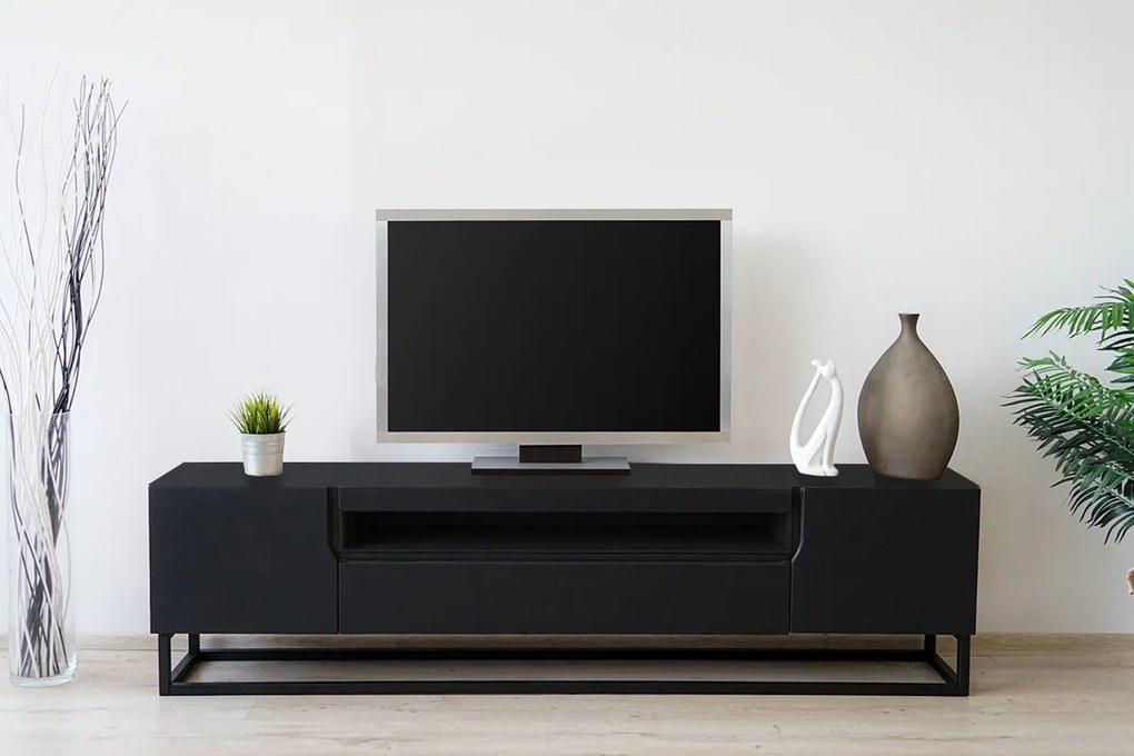 TV skrinka Loftia 200 cm na kovovom ráme - čierna / čierny mat