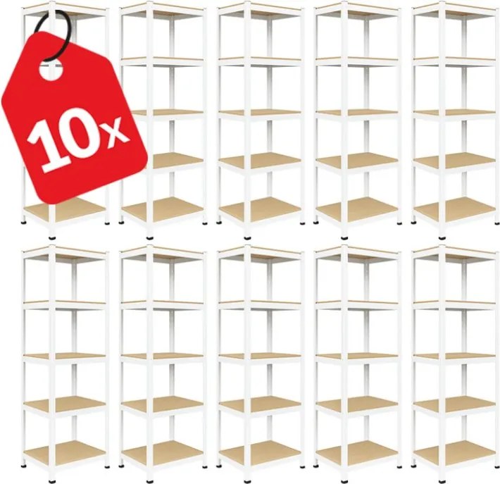 Akcia 10x Regál 180x40x40 cm lakovaný 5-policový, nosnosť 875 kg - biely