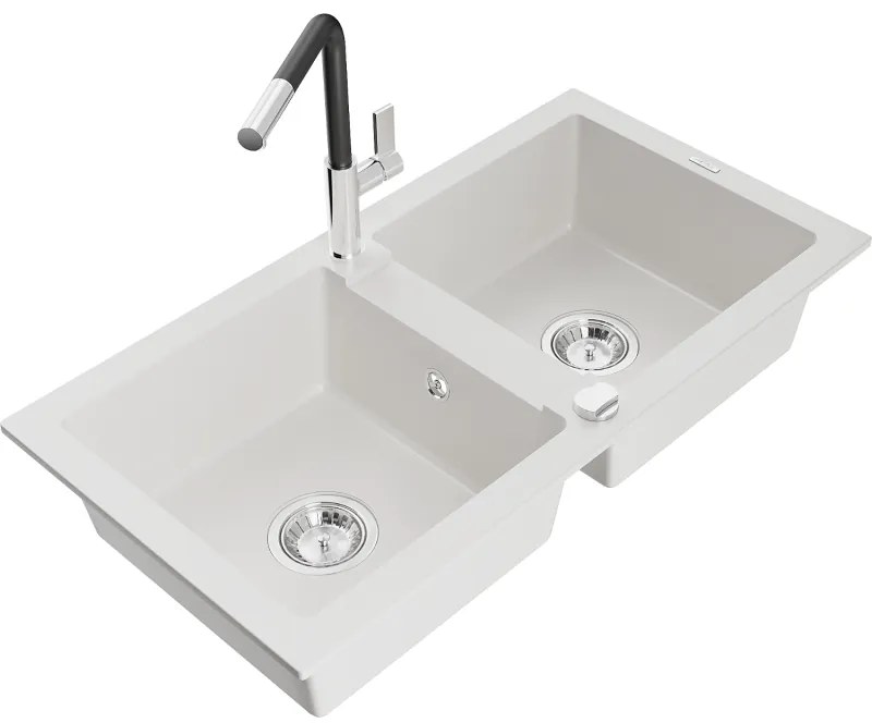Mexen Mario, 2-komorový granitový drez 820x436x161 mm a drezová batéria Flora, biela, 6504-20-670401-07