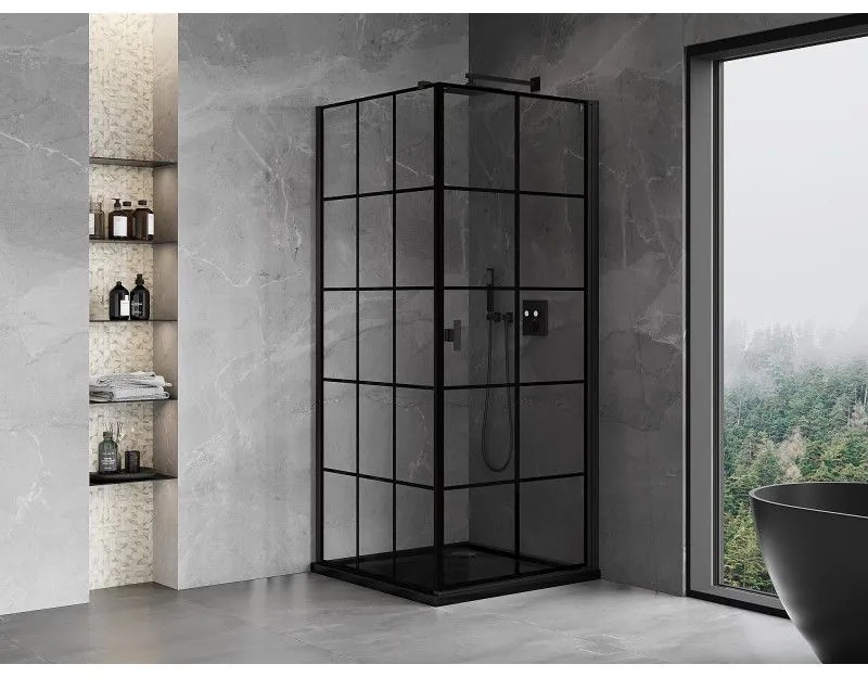 Mexen Mist-B, 1-krídlový výklopný sprchový kút, pravý, 90 x 90 cm, číre sklo-čierna mriežka, 8A2T-090-090-70-77-P