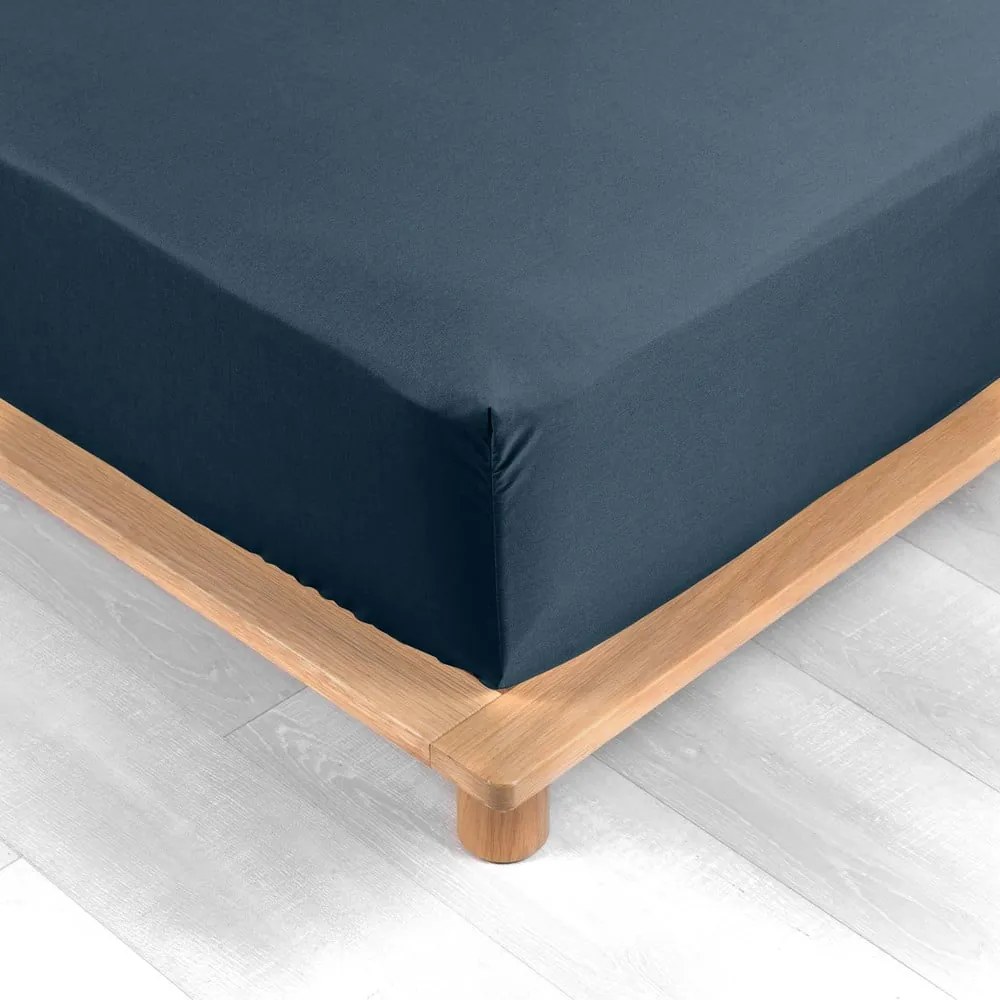 Tmavomodrá napínacia plachta z bavlneného perkálu 90x190 cm Percaline – douceur d'intérieur