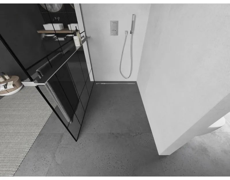 Mexen Kioto+ L, sprchová zástena Walk-In s poličkou a vešiakom 100 x 200 cm, 8mm číre sklo čierny vzor, chrómový profil, 800-100-123-01-78