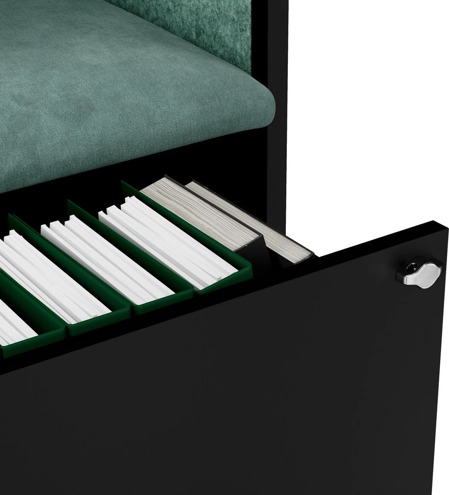 Kancelárska akustická kabína so sedadlom a portom USB-C, telo v čierny farbe / sedadlo v zelenej farbe, 600 mm: SALLY MentalBox