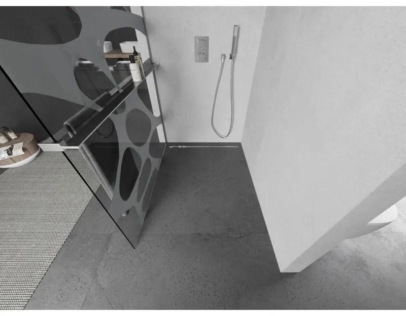 Mexen Kioto+ L, sprchová zástena Walk-In s poličkou a vešiakom 110 x 200 cm, 8mm číre sklo biely vzor, chrómový profil, 800-110-123-01-97