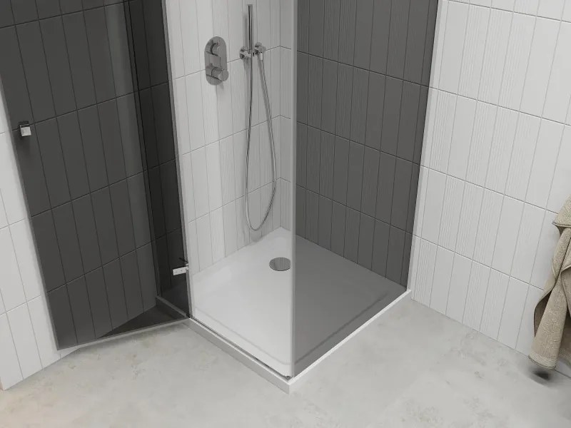 Mexen Roma, sprchový kút s krídlovými dverami 90 (dvere) x 90 (stena) cm, 6mm šedé sklo, chrómový profil + slim sprchová vanička biela + chrómový sifón, 854-090-090-01-40-4010