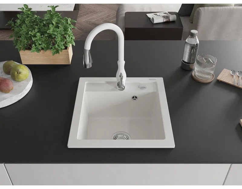 Mexen Vito, 1-komorový granitový drez 520x490x210 mm a drezová batéria Savita, biela, 6503-20-672601-20