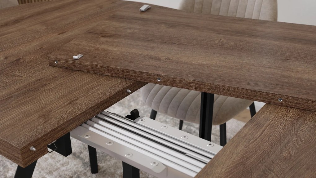 Mazzoni EXPANSO Hnedý dub / čierne nohy - OVÁLNY ROZKLADACÍ STÔL 160-360 cm PRE 16-18 OSÔB