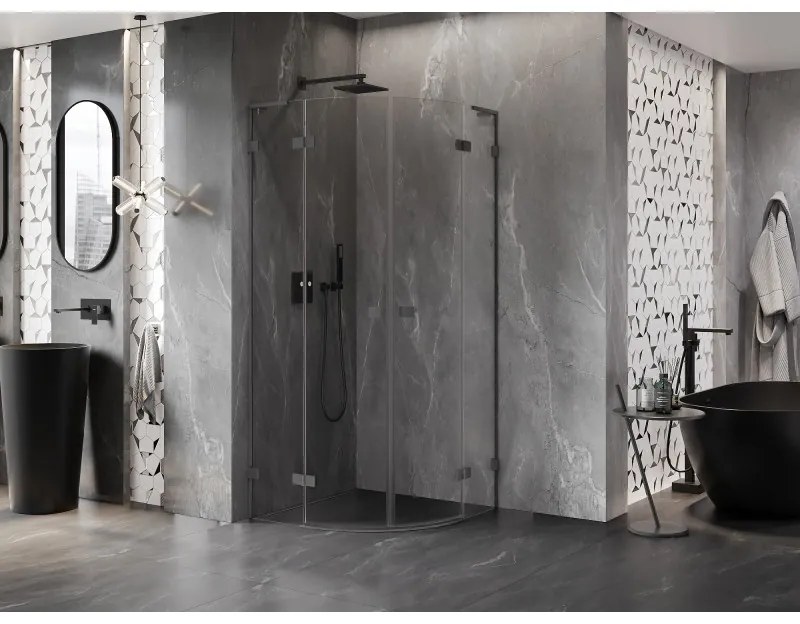 Mexen Lunar, L polkruhový výklopný sprchový kút 80 x 80 cm, 8mm číre sklo, grafitový profil, 833L-080L-080P-95-00