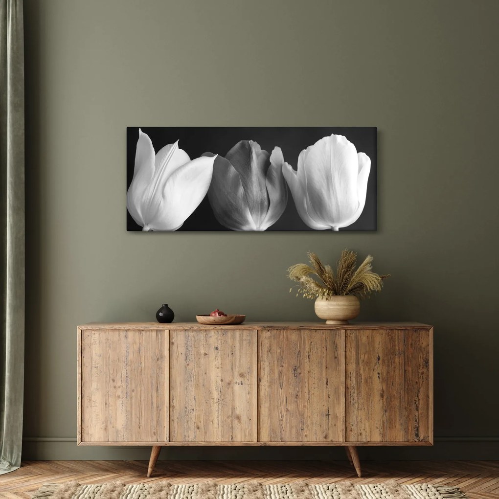 Obraz - Čiernobiele kvety tulipánov (120x50 cm)
