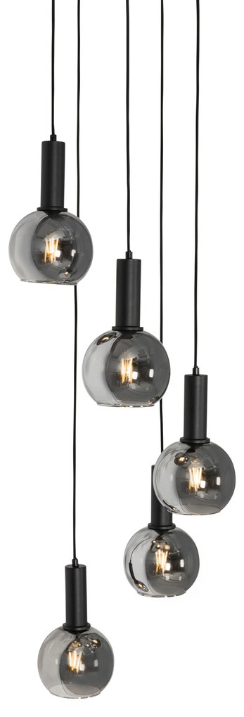 Závesné svietidlo Art Deco čierne s dymovým sklom okrúhle 5-svetlo - Josje