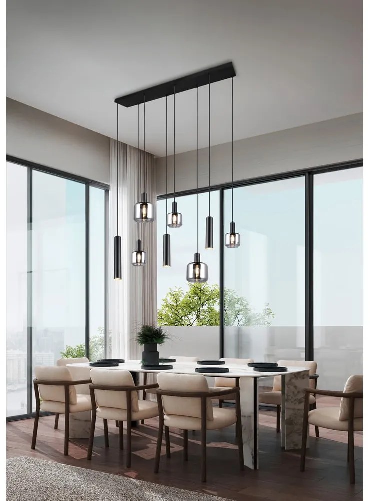 Čierne závesné svietidlo s kovovo-skleneným tienidlom Mataro – Trio