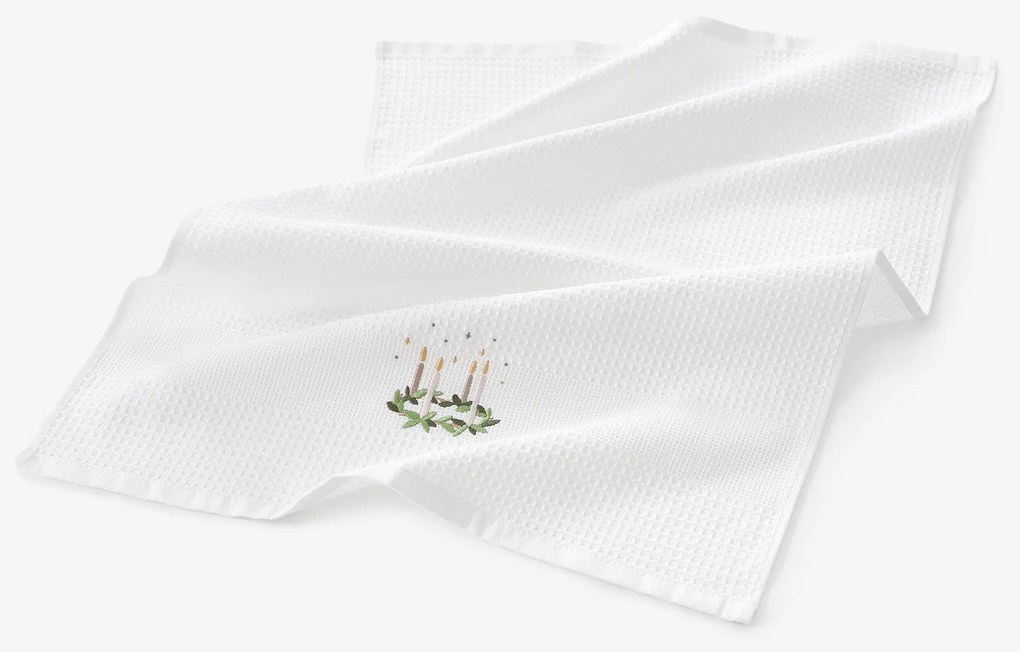 Goldea vianočná kuchynská vaflová utierka s výšivkou - adventný veniec na bielom 50 x 70 cm