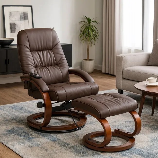 Otočné masážne kreslo s vyhrievaním a podnožkou Vermont hnedá ekokoža