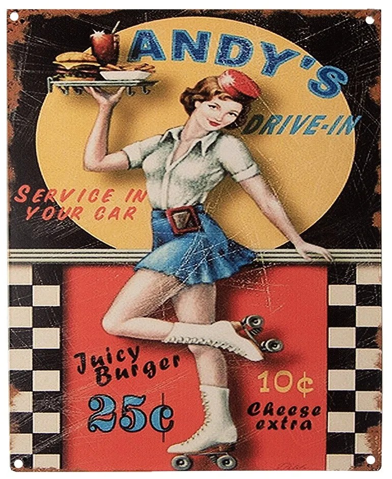 Farebná antik nástenná kovová ceduľa Andy's Drive-in - 20*1*25 cm