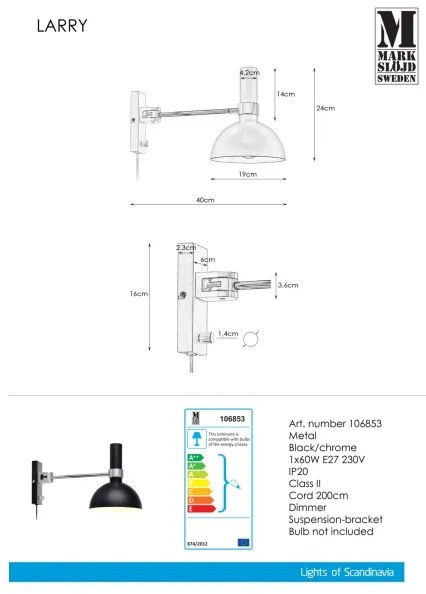 Markslöjd 106970 - Stmievateľné nástenné svietidlo LARRY 1xE27/60W/230V