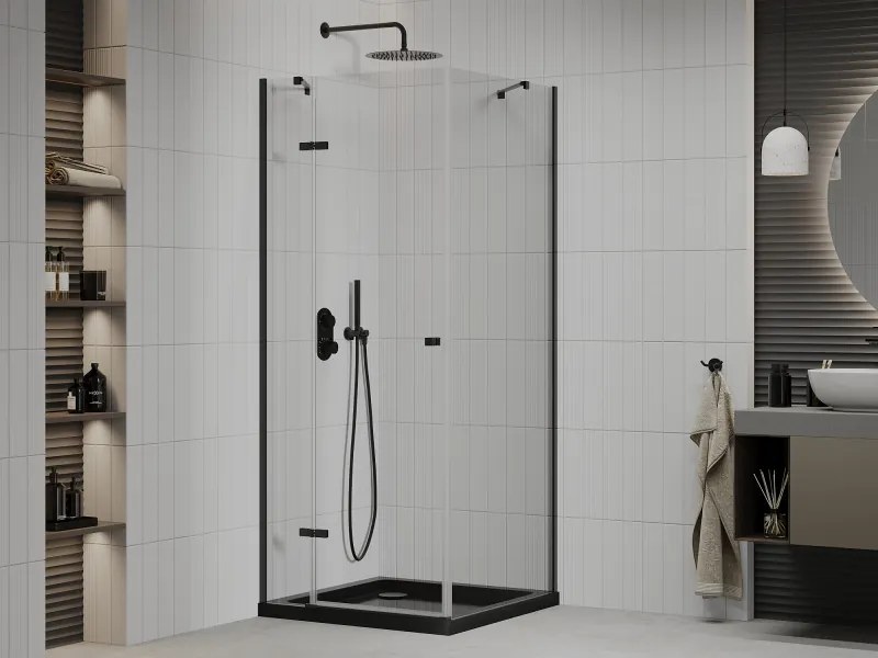 Mexen Roma, sprchovací kút s 1-krídlovými dverami 90 (dvere) x 90 (stena) cm, 6mm číre sklo, čierny profil, slim sprchová vanička 5cm čierna s čiernym sifónom, 854-090-090-70-00-4070B
