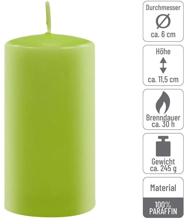 Sada stĺpových sviečok, 11,5 cm, Ø 6 cm, svetlozelená, 6 ks