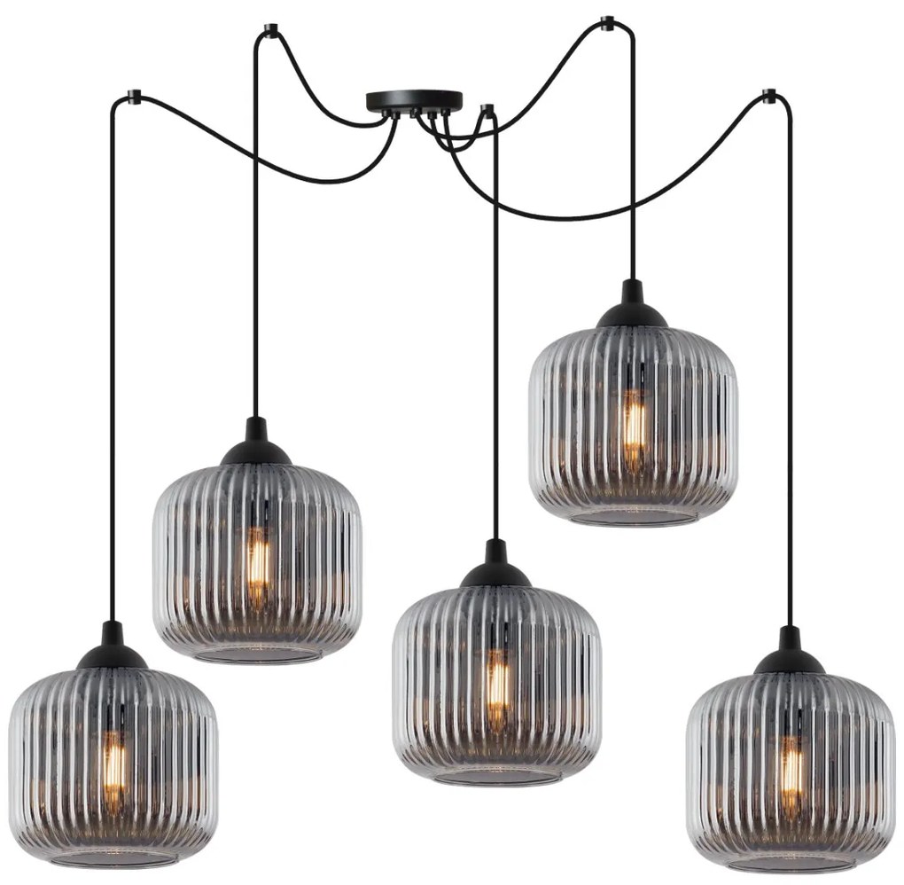 Závesné svietidlo Riffle Spider, 5x grafitové sklenené tienidlo