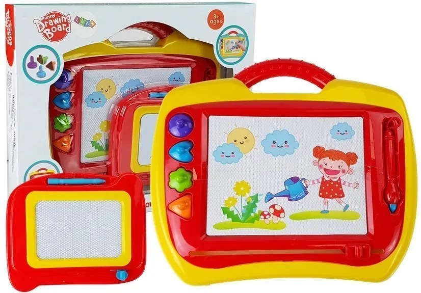 LEAN Toys Magnetická tabuľka na kreslenie s pečiatkami, sada 2 ks, modrá a žltá
