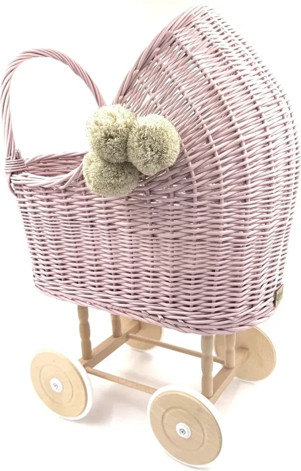 Prútený vysoký kočík pre bábiky ružová