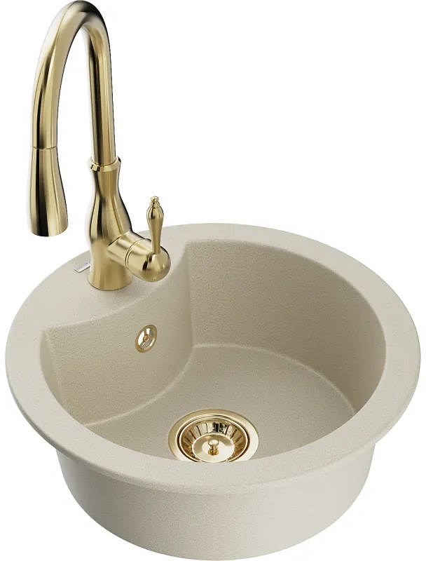 Mexen Diego, 1-komorový granitový drez 488x488x167 mm a drezová batéria Savita, béžová, 6512-69-672601-50