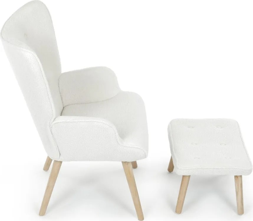 Relaxačné kreslo ušiak ROMEO II + taburet — masívne drevo, látka bouclé, prírodná / biela
