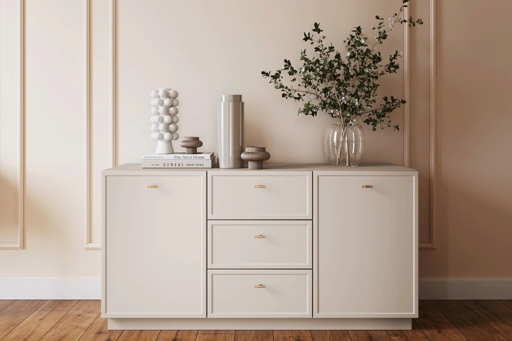 Komoda Lorini 150 cm so zásuvkami - kašmír / zlaté úchytky T-bar
