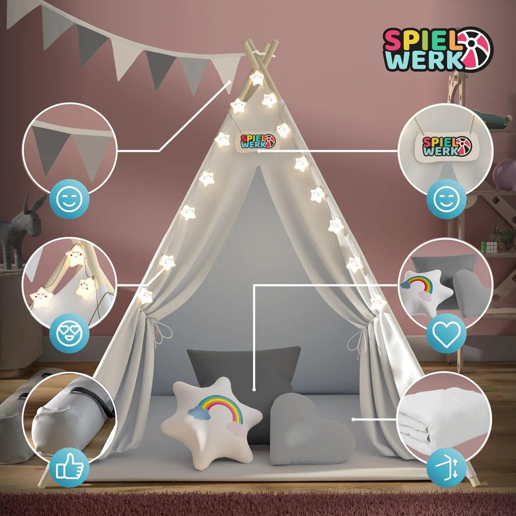 Spielwerk Detský stan teepee JULIUS, 120x120x160cm, biela/šedá
