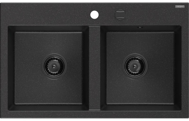 Mexen Hektor, 2-komorový granitový drez 800x480x205 mm, čierna-strieborná metalíza, grafitový sifón, 6521802000-73-B