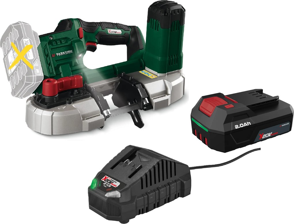 Parkside®  Aku pásová píla 20 V Pmba 20-Li A1 + Akumulátor 20 V/2 Ah + Nabíjačka 20 V/2,4 A  (800012935)