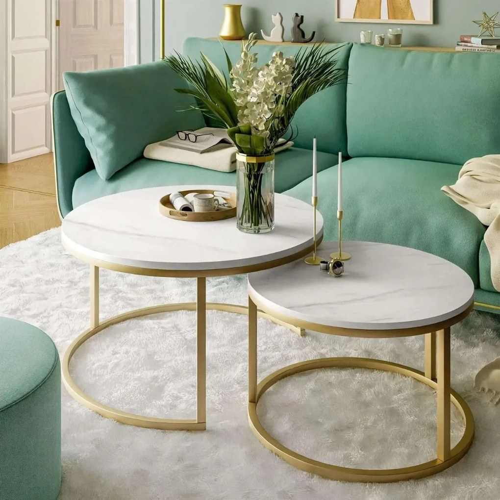 OKRÚHLY KONFERENČNÝ STOLÍK LEONARDO 2 v 1 BIELY MRAMOR + ZLATÝ PODSTAVEC