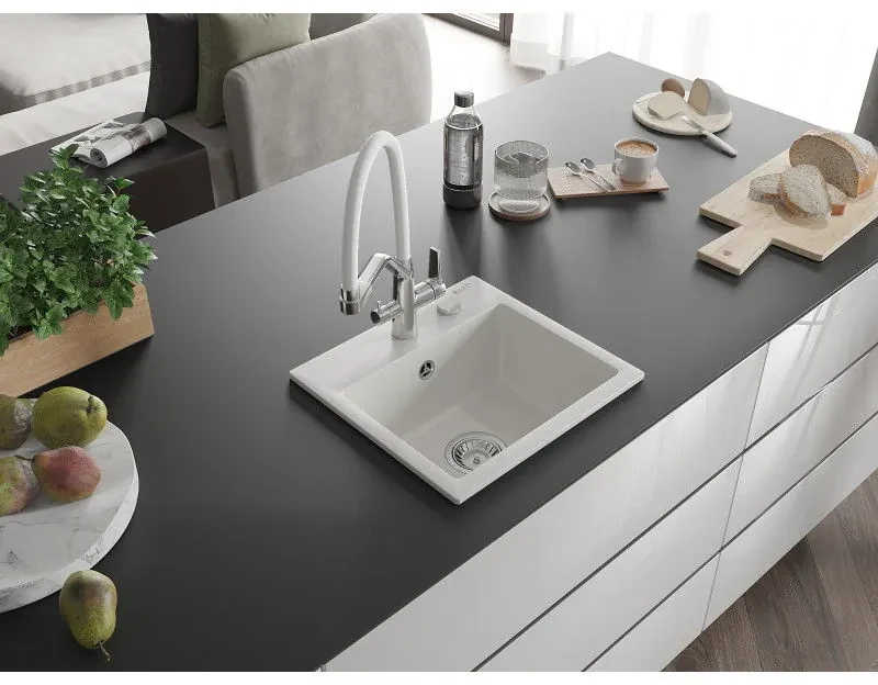 Mexen Milo, granitový drez 435x410x171 mm, 1-komorový a drezová batéria Duo, biela, 6505-20-671701-02